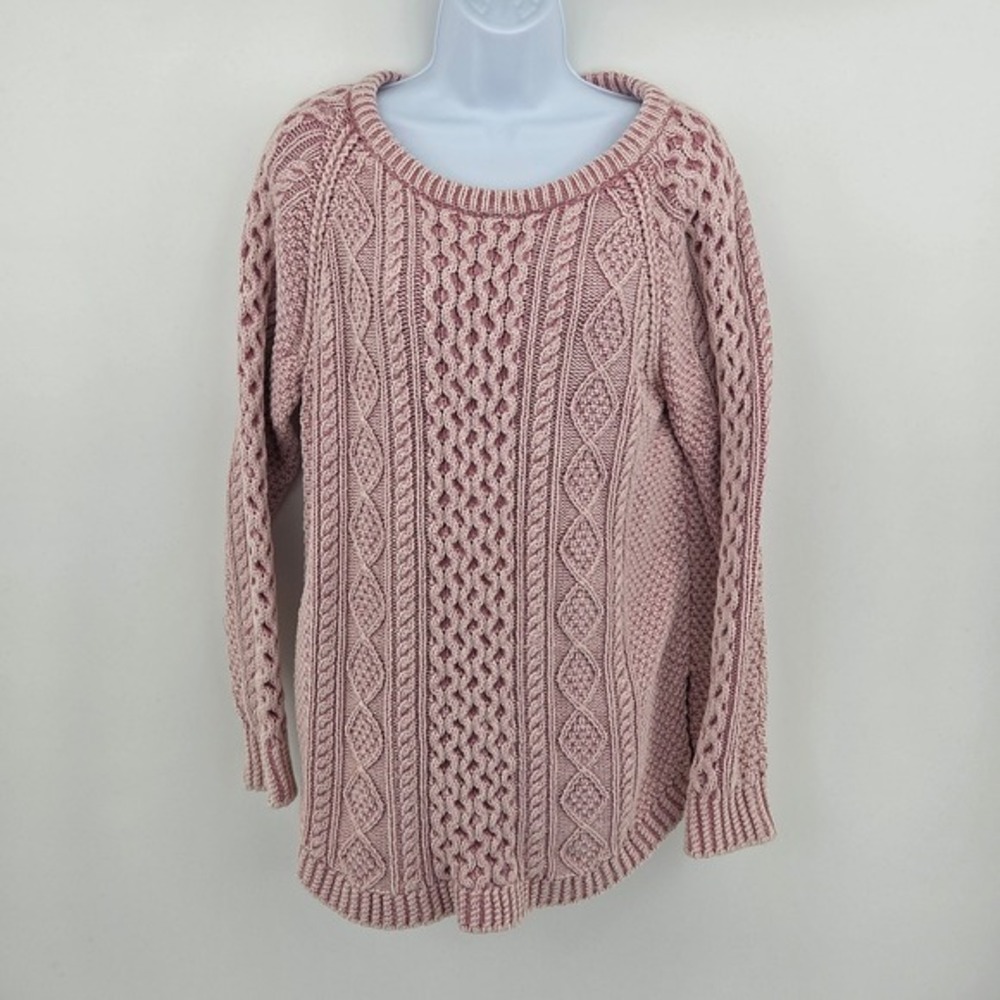 LL Bean Signature Womens Large Cable Knit Fisherman Sweater Washed Pink‎ 297471